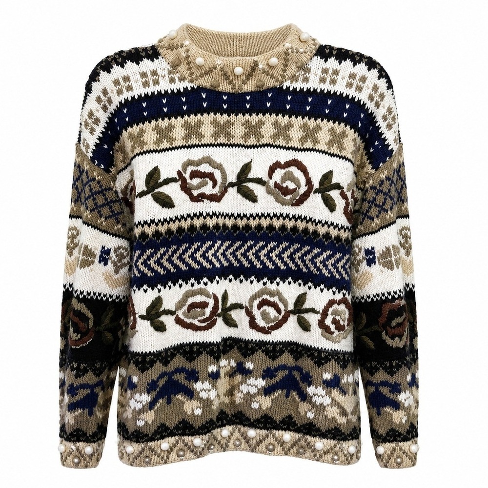 Express Handknitted Vintage 90s Fair Isle Floral Bobble Sweater Navy Tan Size M